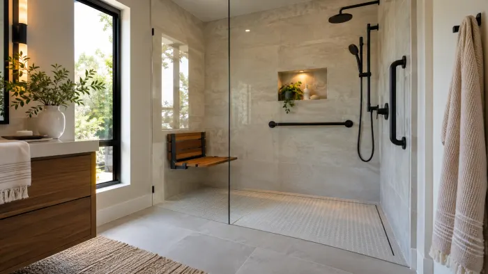 Curbless walk-in shower with fold-down bench and grab bars
