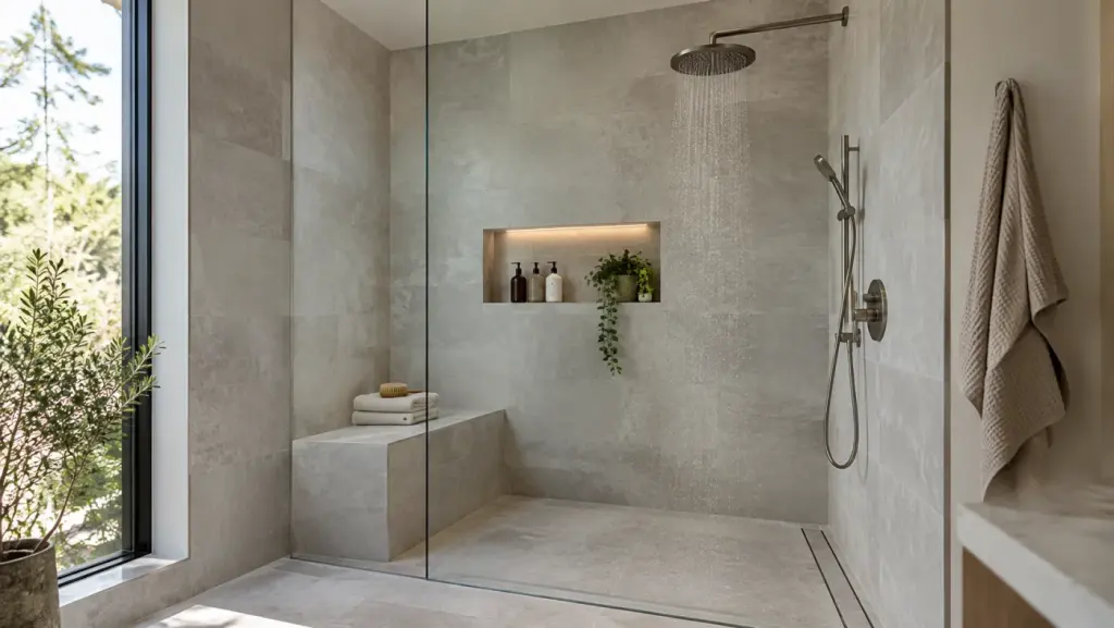 Walk-in shower with bench and niche