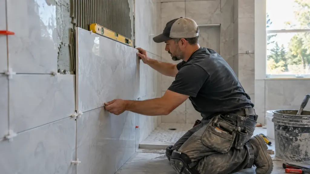 Installer setting large-format tile
