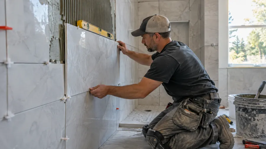 Tile installer setting large-format porcelain tile on a shower wall