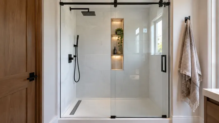 Former tub alcove converted into a walk-in shower with sliding glass door
