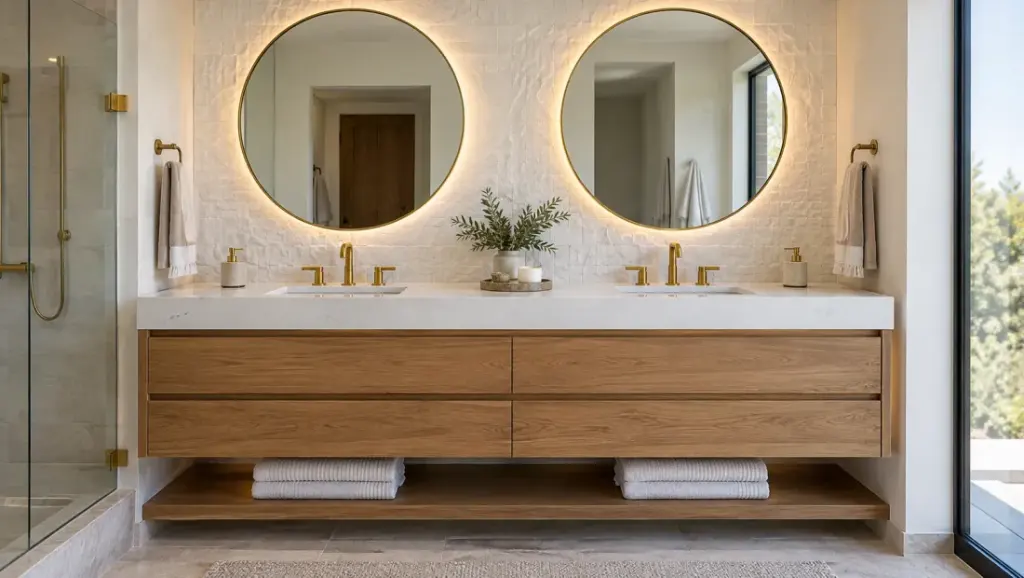Floating oak vanity with backlit mirrors